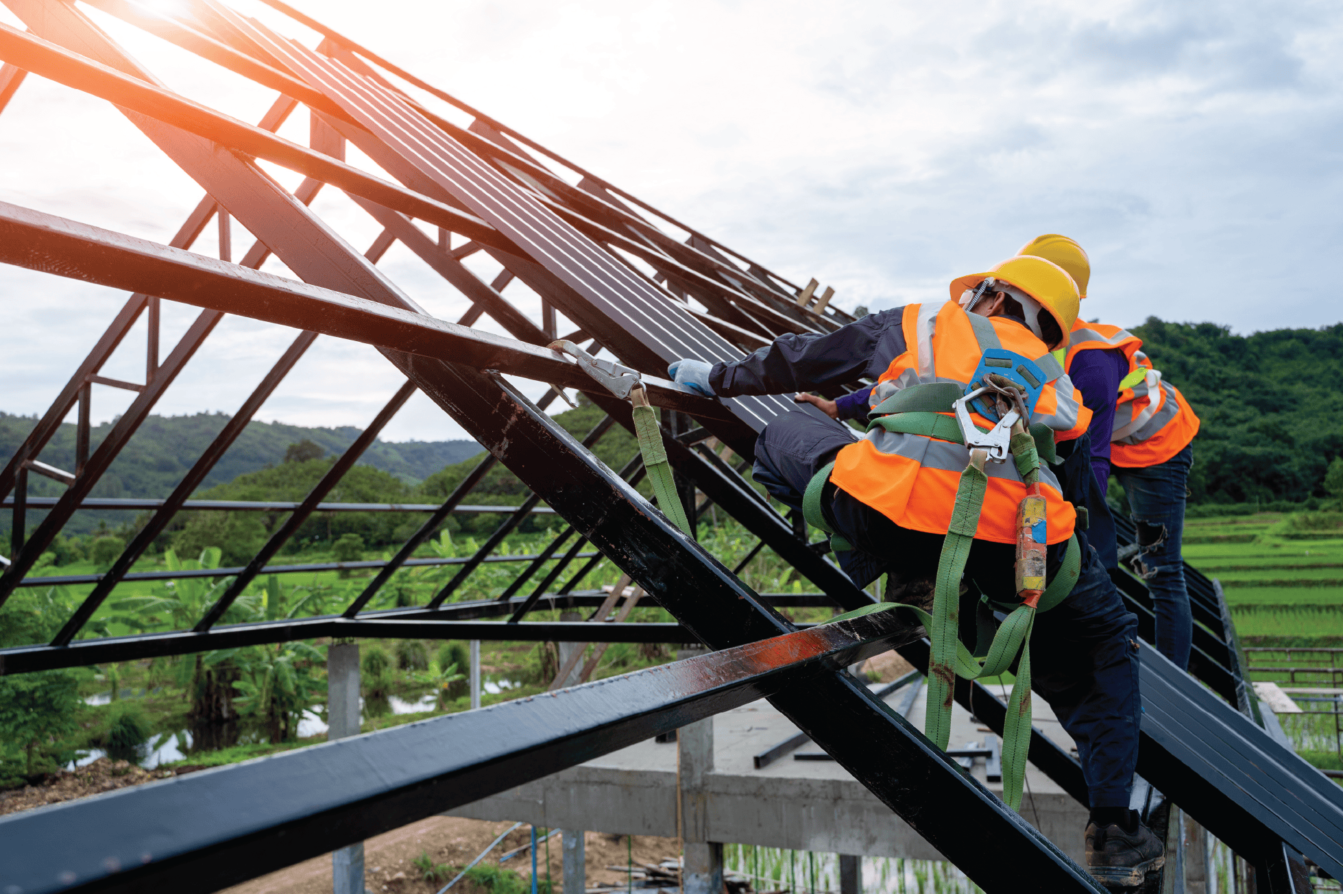Roof workers with safety harness belt